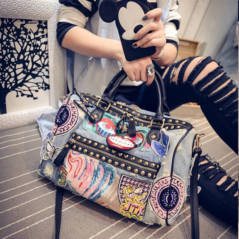 Rock Style Fashion Women Denim Handbags Casual Shoulder Bags Vintage Demin Blue Top Handle Bags Bolsa Large Travel Bags 241023
