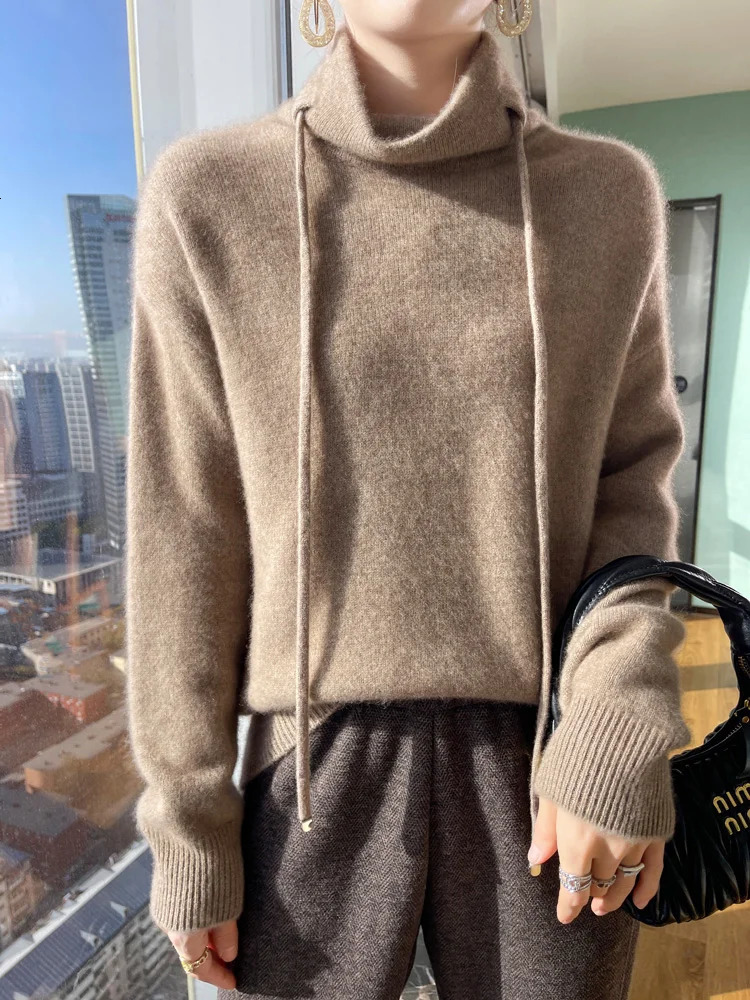 Merino Wool Sweater Autumn Winter Womens High Neck Long Sleeve Cashmere Knit Pullover Solid Color Versatile Basic Top Jumper 241021