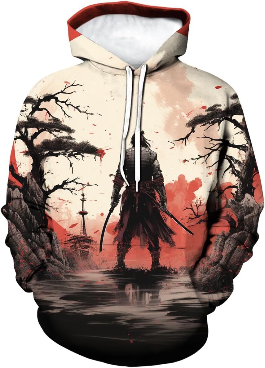 Hoodie for Mens Womens Japanese Samurai Hoodie Men Retro Art Pattern Pullover Hoodies Men Graphic Hoodies sweatshirt Trendy Warmth