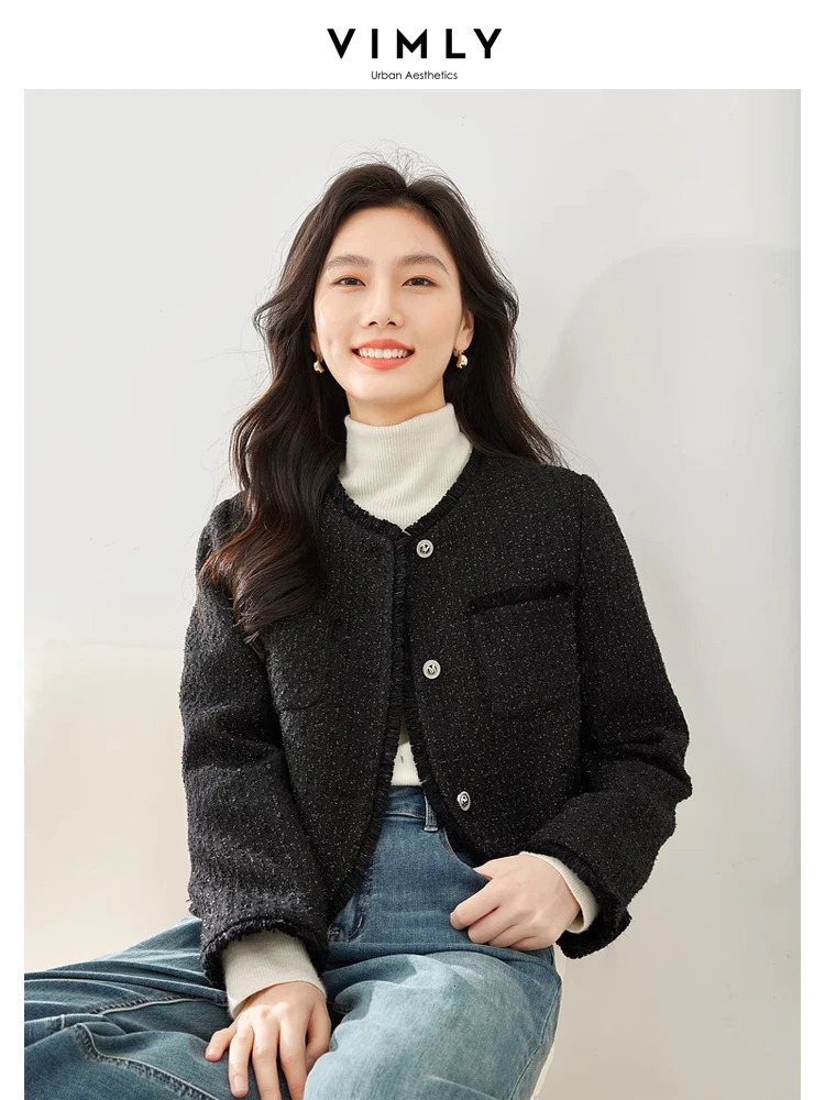 Vimly Black O-neck Tassel Cropped Tweed Jacket Winter Quilted Jacket Womens Single Chest Long Sleeve Womens Coat M3569 241023