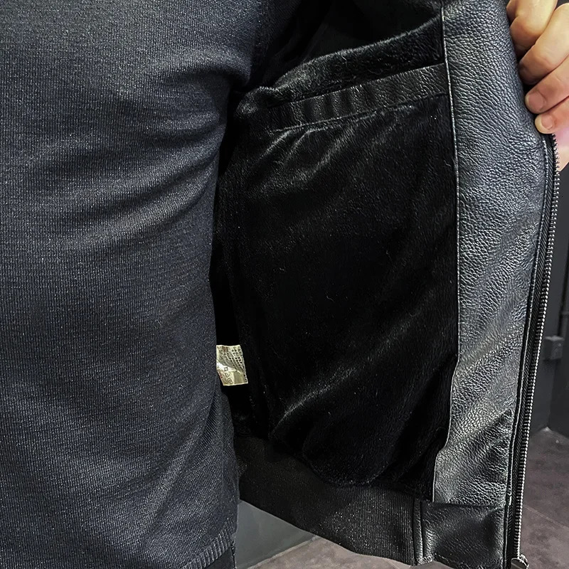 leisure motorcycle windproof zipper holder collar artificial leather jacket mens ultra-thin high-quality fashionable wool lining jacket 241023