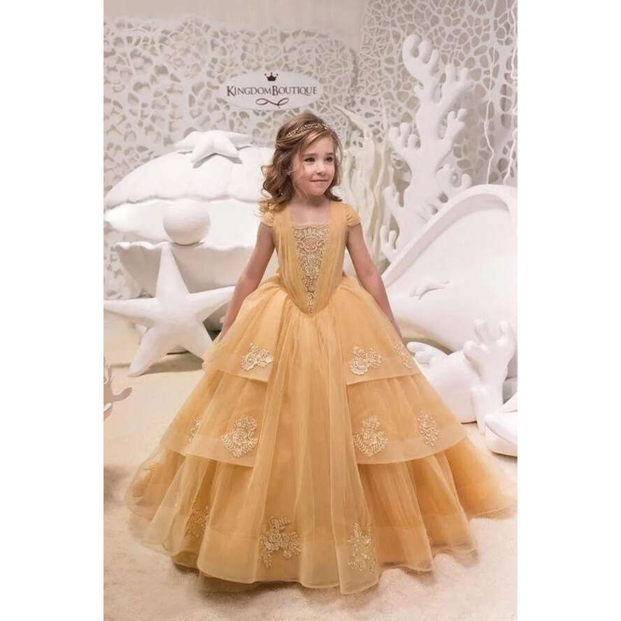 Gold Dresses Princess Wer Cap Short Sleeves A E Appliques Beads Tier Ruffles Girl Pageant Gowns With Bow Sash Croset Back Teens Birthday Party Wears B