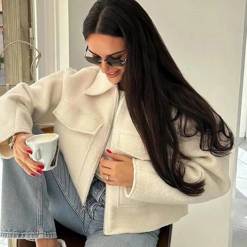 HXAO Womens Fashion Womens Jacket Denim Jacket Autumn Wool and Blended Jacket Long Sleeve Solid Jacket Jacket 241023