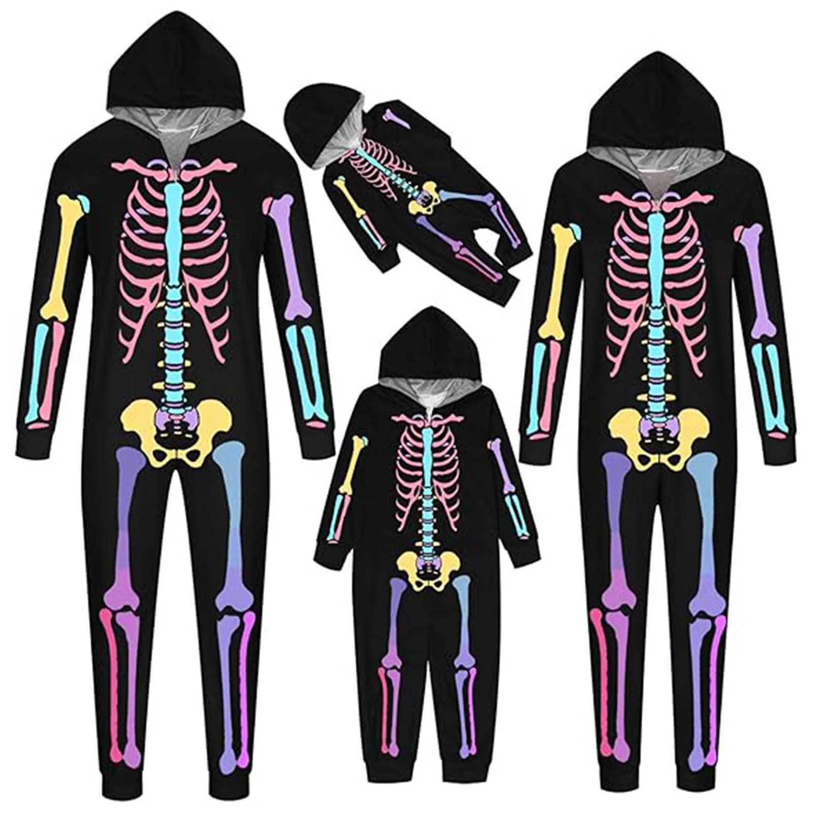 New Halloween Family Clothing Parent-Child Matching Pajamas 3D Skeleton Print Cosplay Jumpsuit Zipper Hooded Party Look CostumesXJ241008