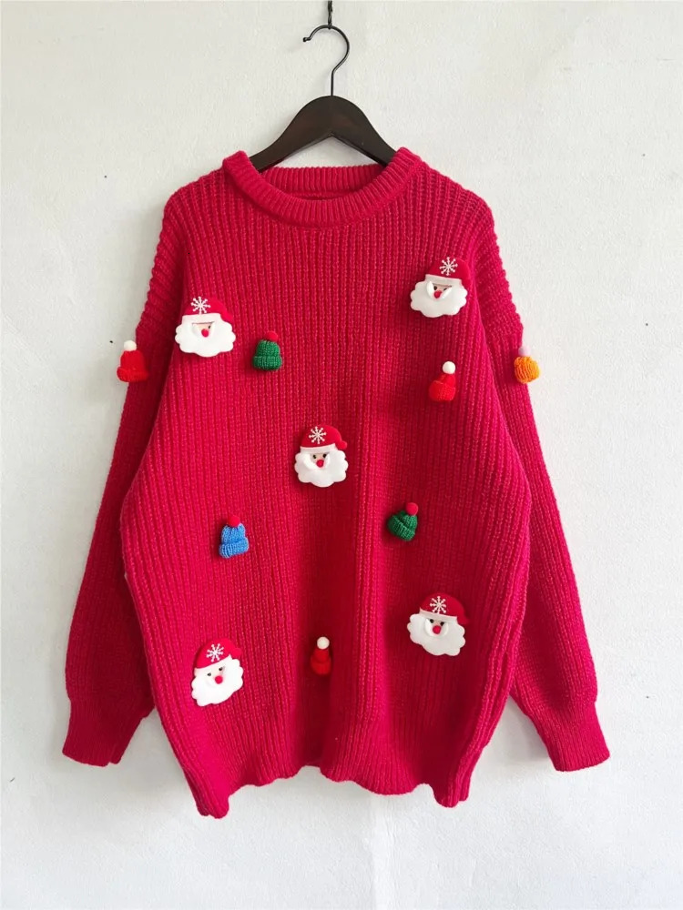 Ugly Christmas Santa Claus Knitted Sweater Women Autumn Winter Fashion Loose ONeck Long Sleeve Red Pullover Jumper 241021