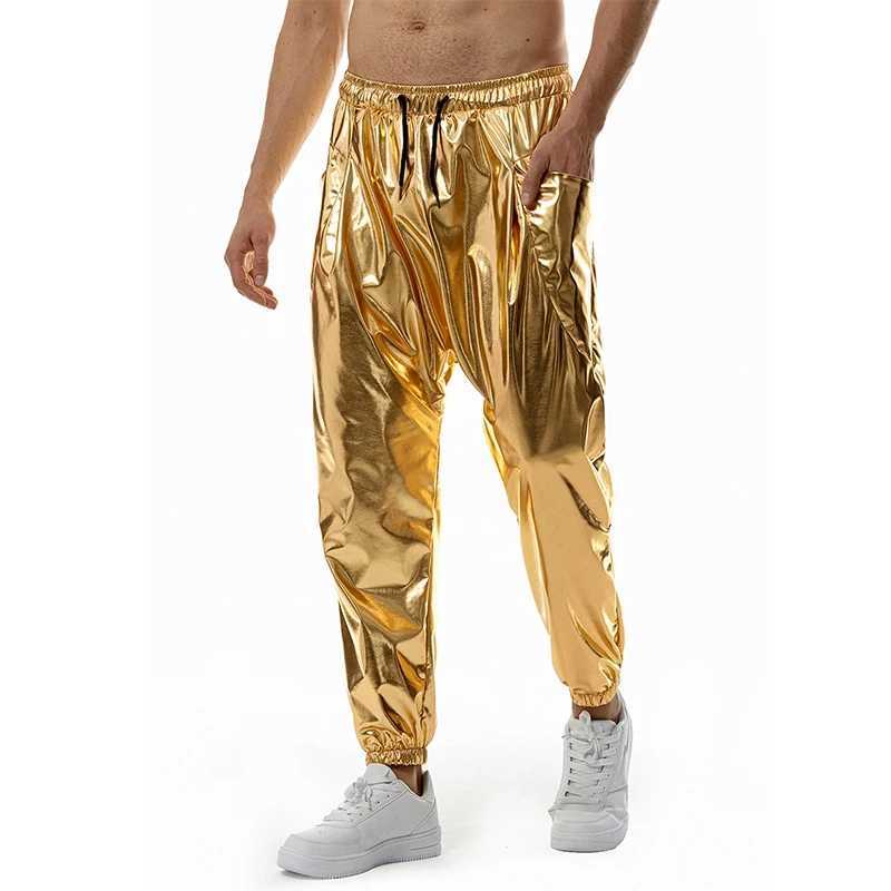 Mens Metal Shiny Jogging Pants Night Club Disco Party Elastic Pants Gold SilverX241023