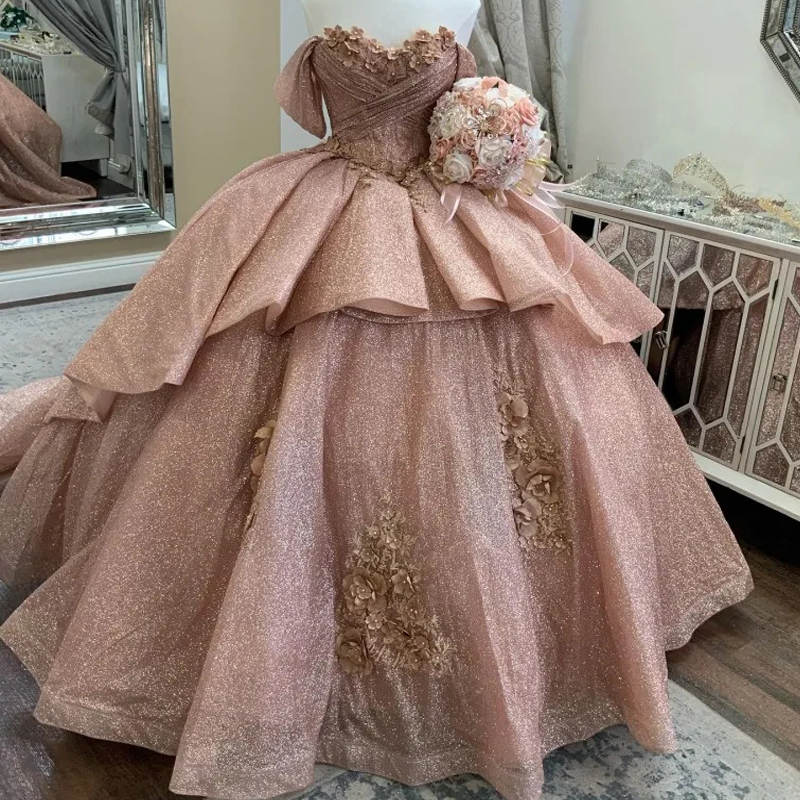 Rose Gold Shiny Off the Shoulder Quinceanera Dresses Ball Gown Beading Appliques Lace 3D Flower Corset Vestido De 15 Anos Sweet 16 Dress