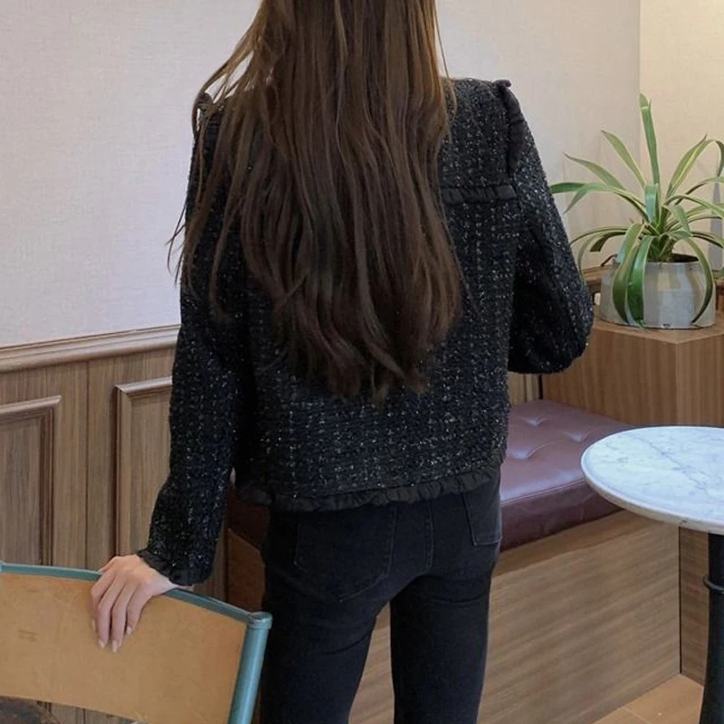 Womens retro elegant pleated black tweed jacket Spring and Autumn Korean fashion womens long sleeved chic short sleeved jacket 241023