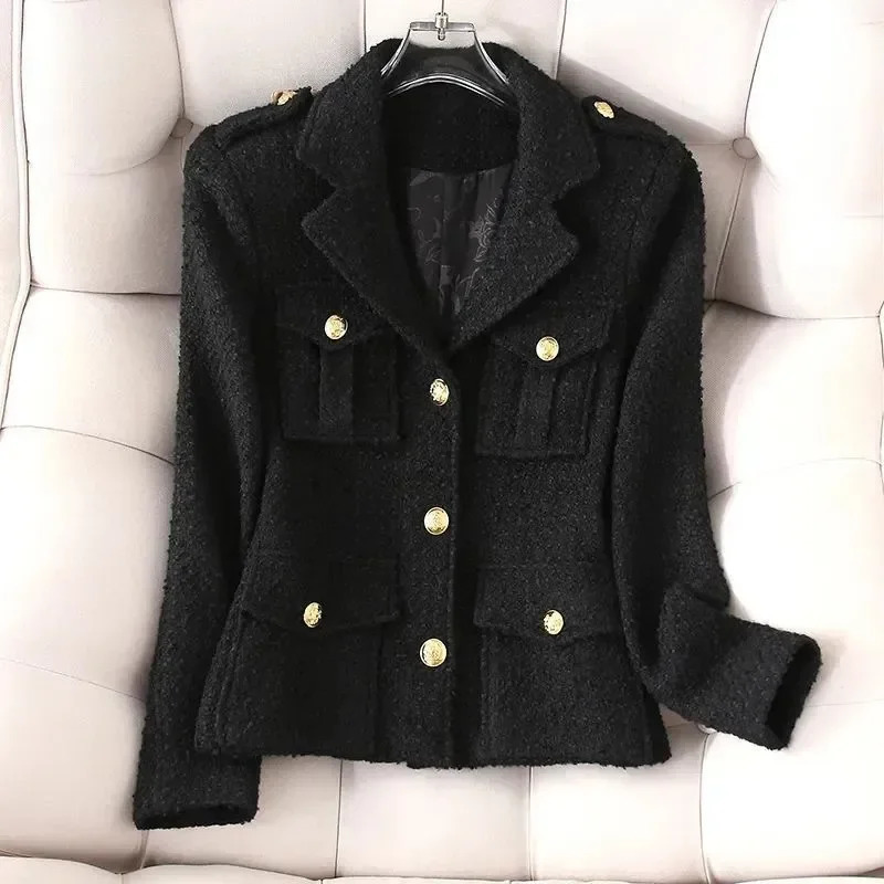 Fashion white suit collar small perfume jacket high quality tweed coat black wool coat ultra-thin slim elegant womens top 241023