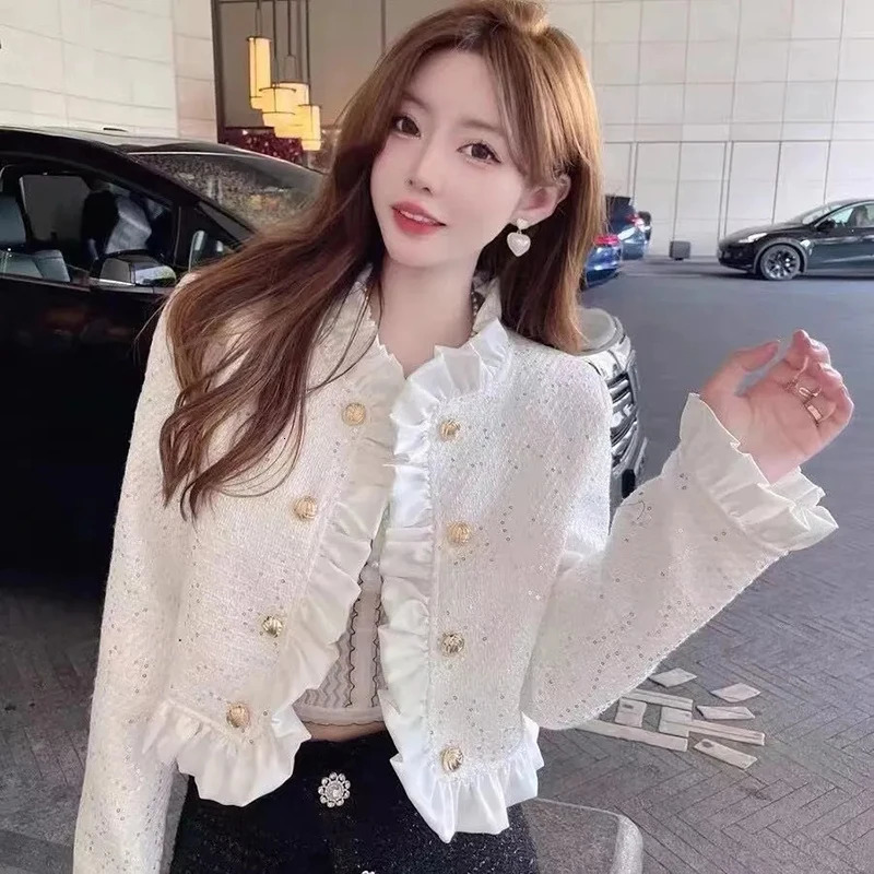 Biyaby Cropped Womens Jacket Elegant Temperature Ruffle White Open Collar Womens Korean Fashion Long Sleeve Coarse Floral Jacket Womens 241023