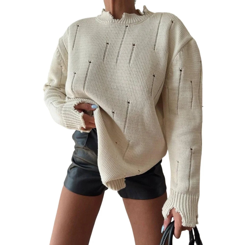 selling womens top torn sweater Y2K floral casual long sleeved knitted O-neck jumper retro floral couple clothing 241022