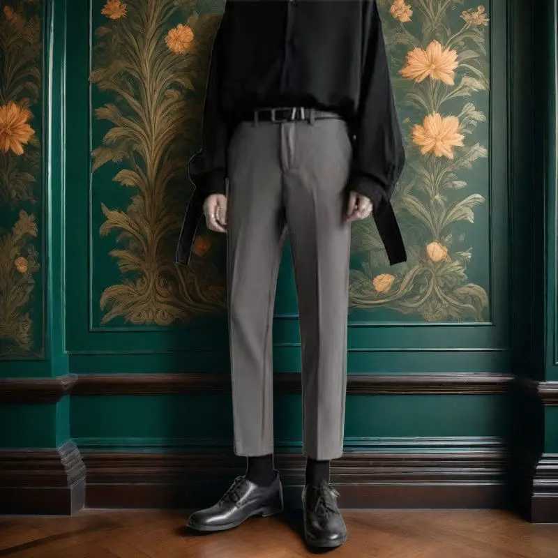 2024 New Spring and Autumn High End Fashion Business Casual High Waist Button Pocket Hanging Straight Crop Suit Pants for MenX241023