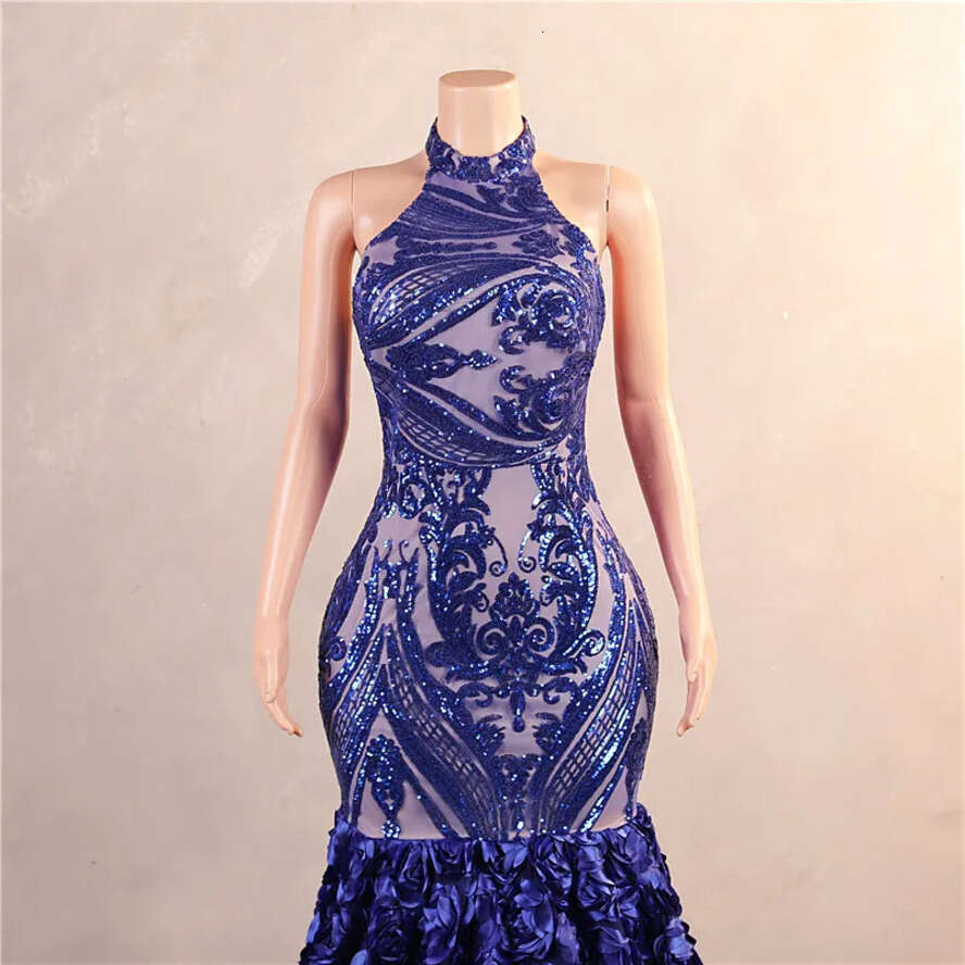 Ruffles Blue Cascading Royal Mermaid Prom Dresses Sequined Lace Wers Halter Neck Backless Long Women Evening Party Gowns Custom Made Bm3507
