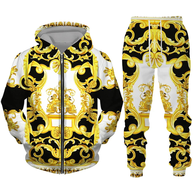 gold pattern 3D printed mens zipper track set casual hooded sweatshirtpants 2-piece set oversized sportswear fashionable mens clothing 241023