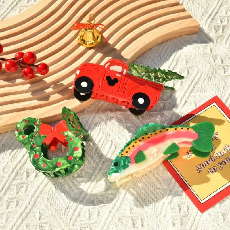 Cartoon Christmas Mouse Head Hair Claw Acetate Christmas Tree Car Crab Hair Clips Cute Hat Fish Hair Accessories for Women GirlsX241021
