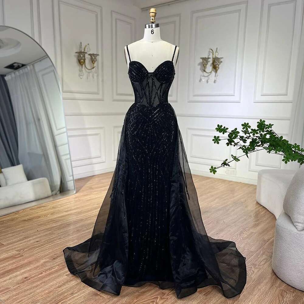 Serene Hill 2024 Arabic Spaghetti Strap Pink Mermaid Overskirt Beaded Evening Dresses Gowns for Women Party