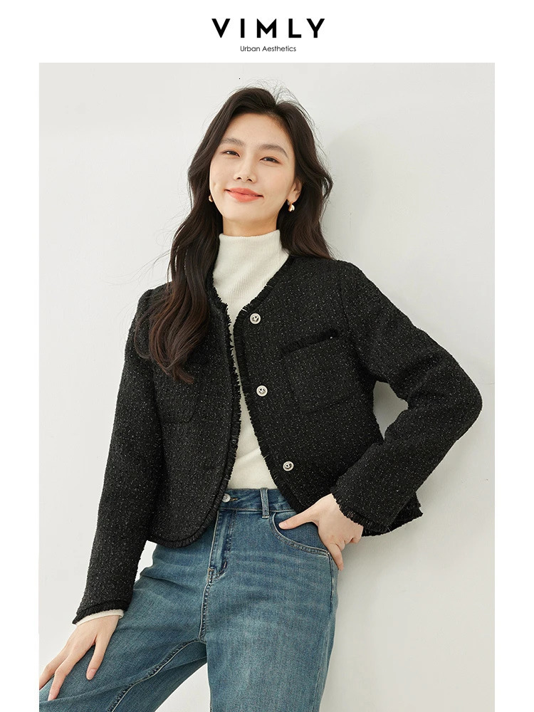 Vimly Black O-neck Tassel Cropped Tweed Jacket Winter Quilted Jacket Womens Single Chest Long Sleeve Womens Coat M3569 241023