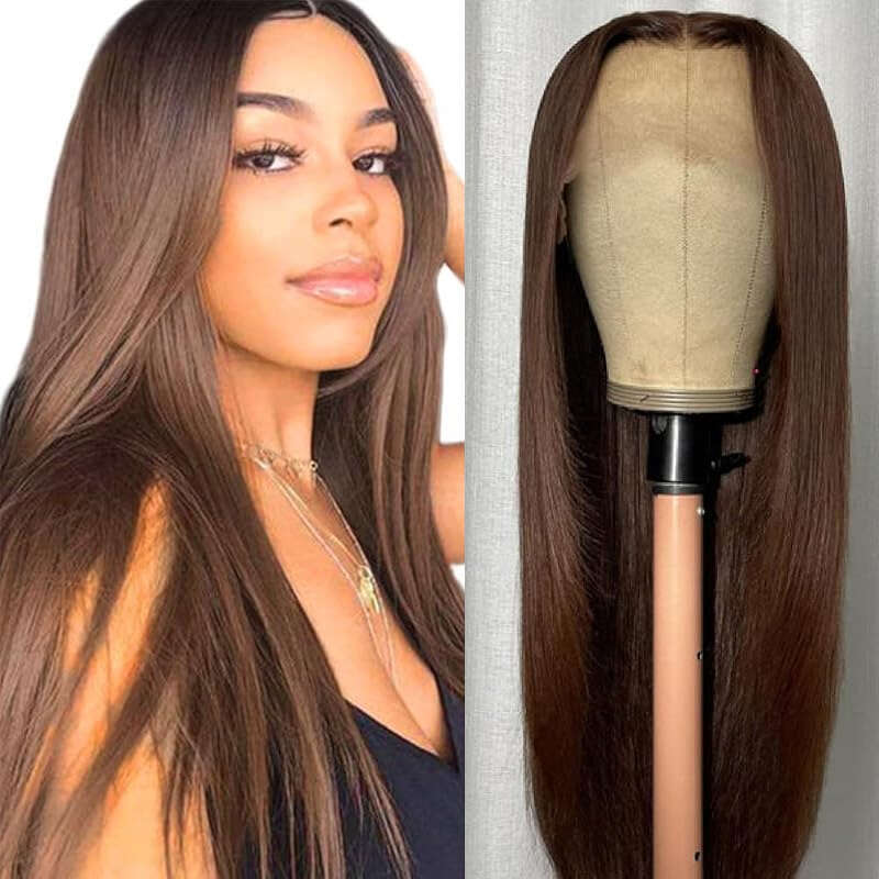 Straight Frontal 13x4 Lace Front Wigs Pre Plucked with Baby 150% Density Brown Colored Wig Human Hair