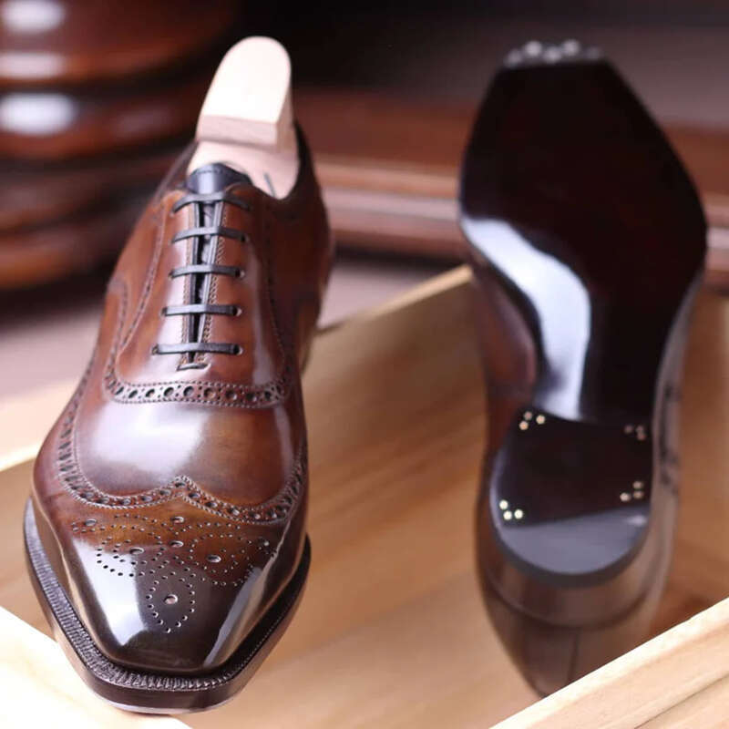 Classic Brogues Brown Black Business Square Head Carved Oxford Lace-up Red Sole Men Dress Shoes