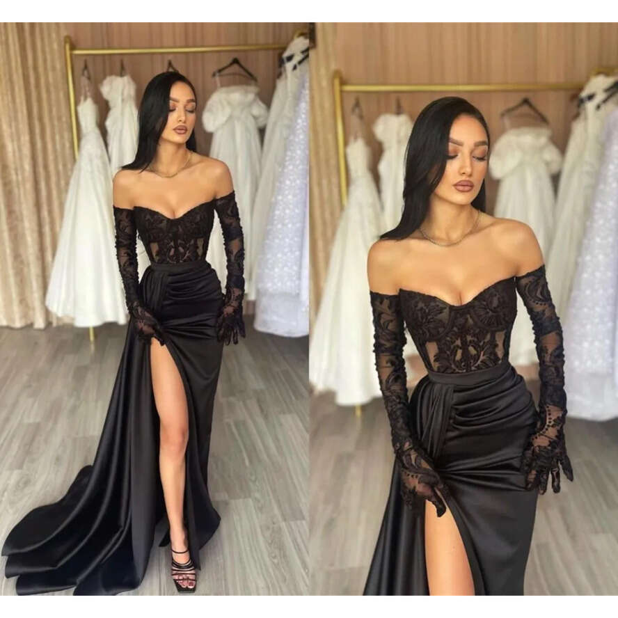 Black Evening Sexy Split Dresses A E Sweetheart Lace Appliques Satin Prom Gowns Women Formal Ocn Vestidos Bc16794 ppliques