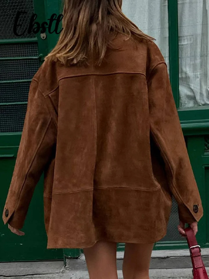 Retro collar suede jacket womens loose single chest long sleeved pocket jacket autumn/winter womens casual jacket 241023