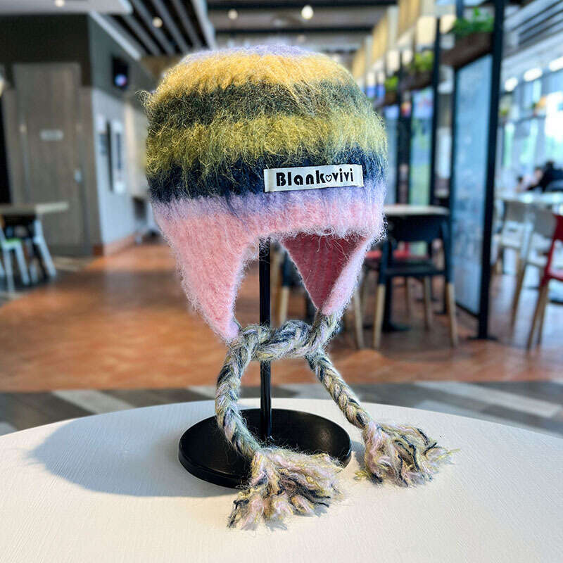 Beanie Striped design knit hat for winter outdoor warm Rainbow Christmas gift to girls knitted hat bonnet Christmas gift for girls very good
