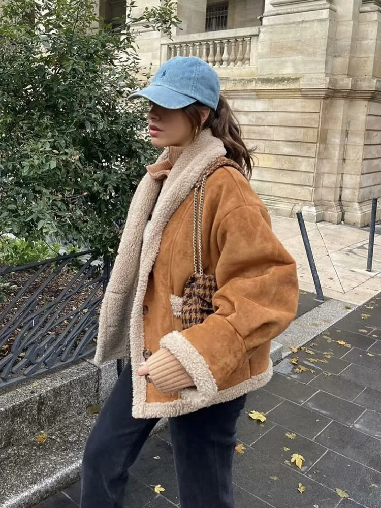 Suede leather lapel cashmere loose jacket womens winter fashion chic pocket thick long sleeved cut jacket womens jacket 241023