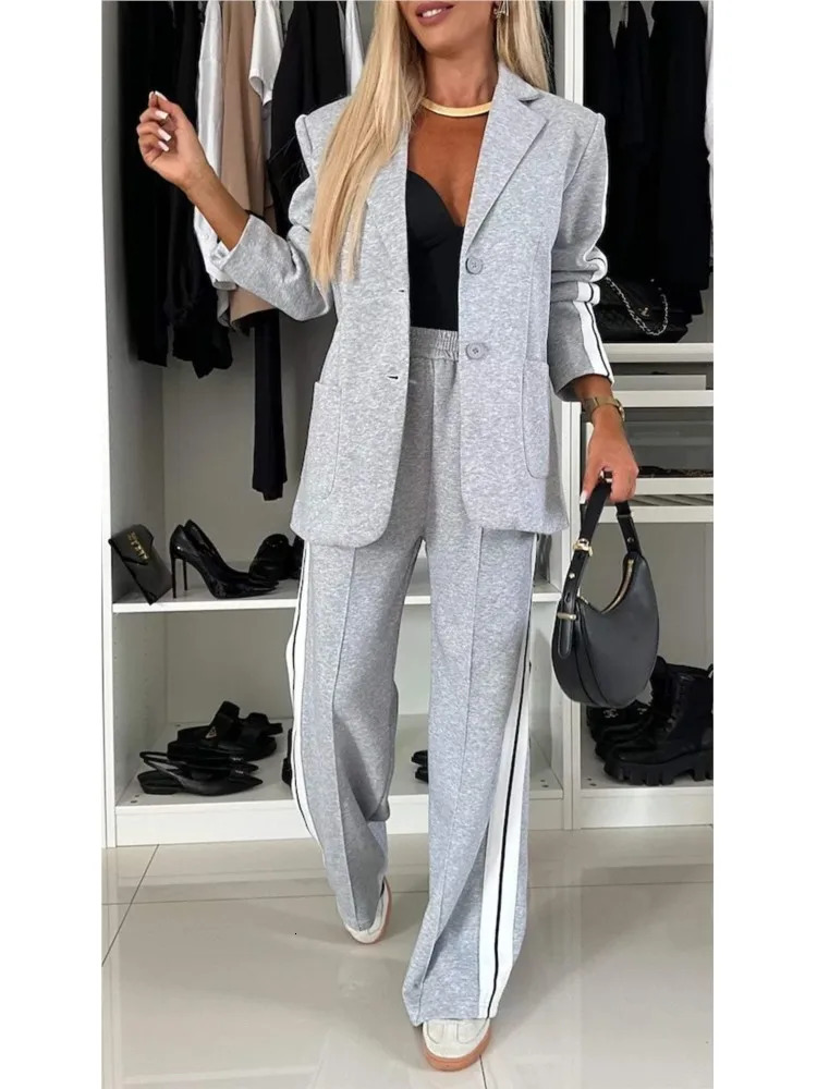 Autumn/Winter Womens Jacket Set Fashion Long Sleeve Pimp Splicing Pants Pocket Womens Office Casual 2-piece Set 241023