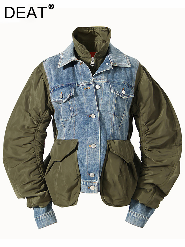 DEAT Fashion Women's Patchwork Denim Jackets Turn-Down Collar Loose Zipper Long Sleeve Short Coat Autumn 2024 New Tide 7Z249