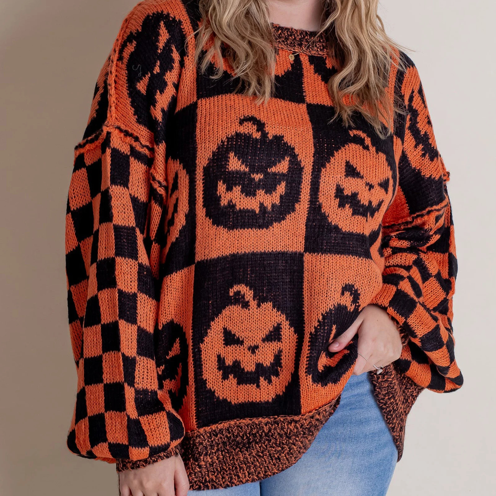 Womens HalloweenChristmas Round Neck Long Sleeve Sweaters Aesthetic Gingerbread Man Print Knit Loose Pullovers Tops 241021