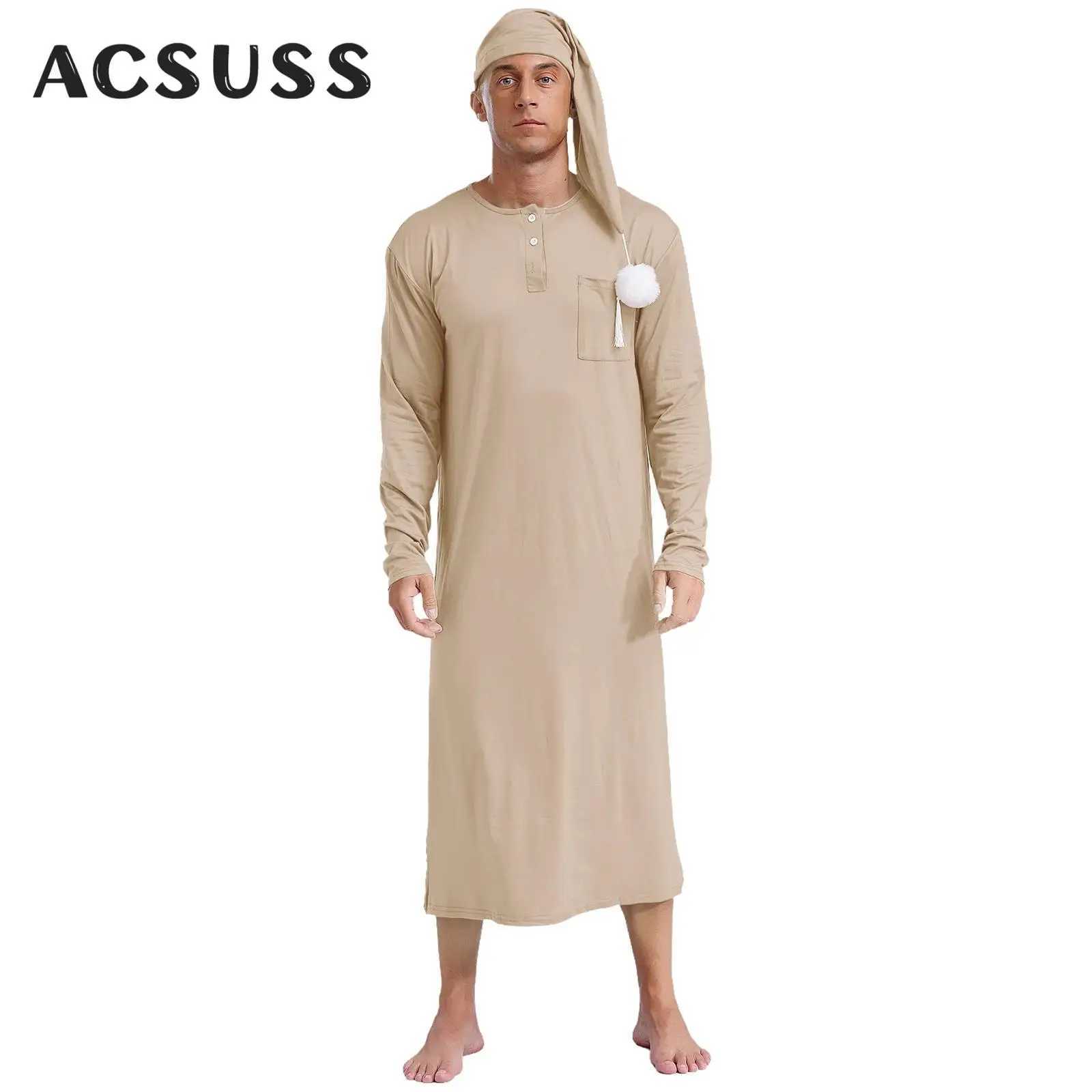 Mens solid Sp robe round neck long Sve Spwear pajamas loose bathroom pajamas with Pom pom hat W241023