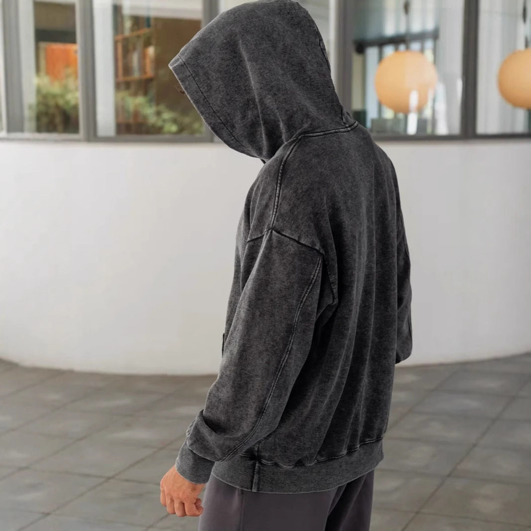 Men's hoodie, wax printed heavy-duty circular hooded sweatshirt, water washed outfit, loose and fashionable couple's top