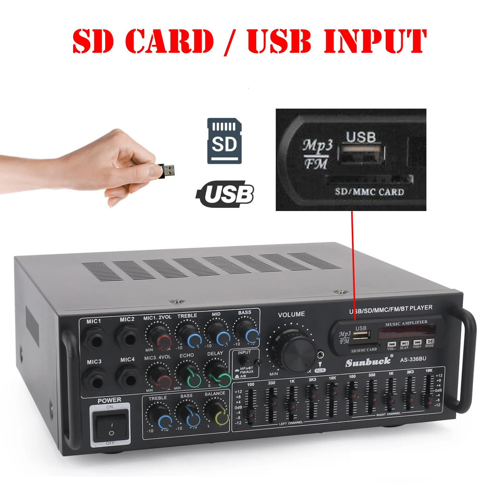 Artudatech Bluetooth 50 HiFi Sunbuck 2000W Stereo Power Amplifier Karaoke FM USB SD AUX 241022