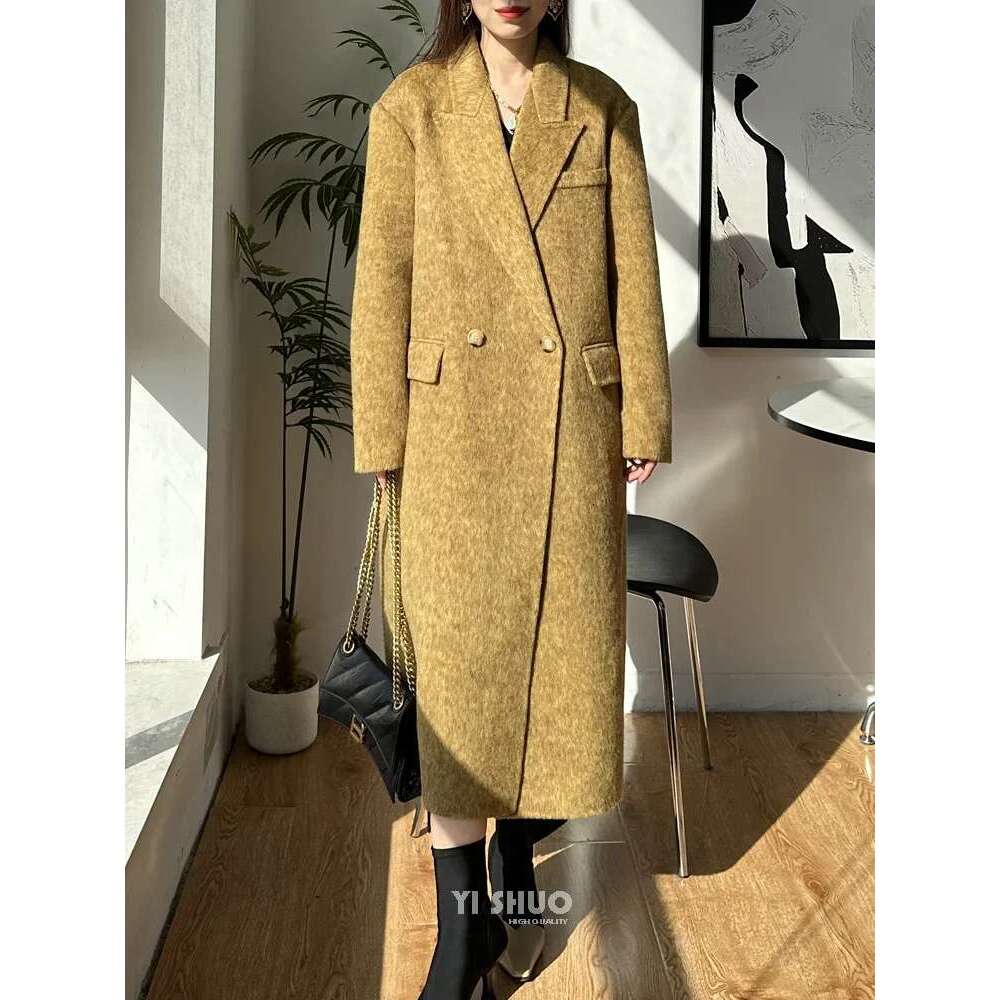 Rose Green Double-Sided Cashmere Suit Collar Straight Fit Long Wool Elegant Slim Woolen Coat Women 2023 New