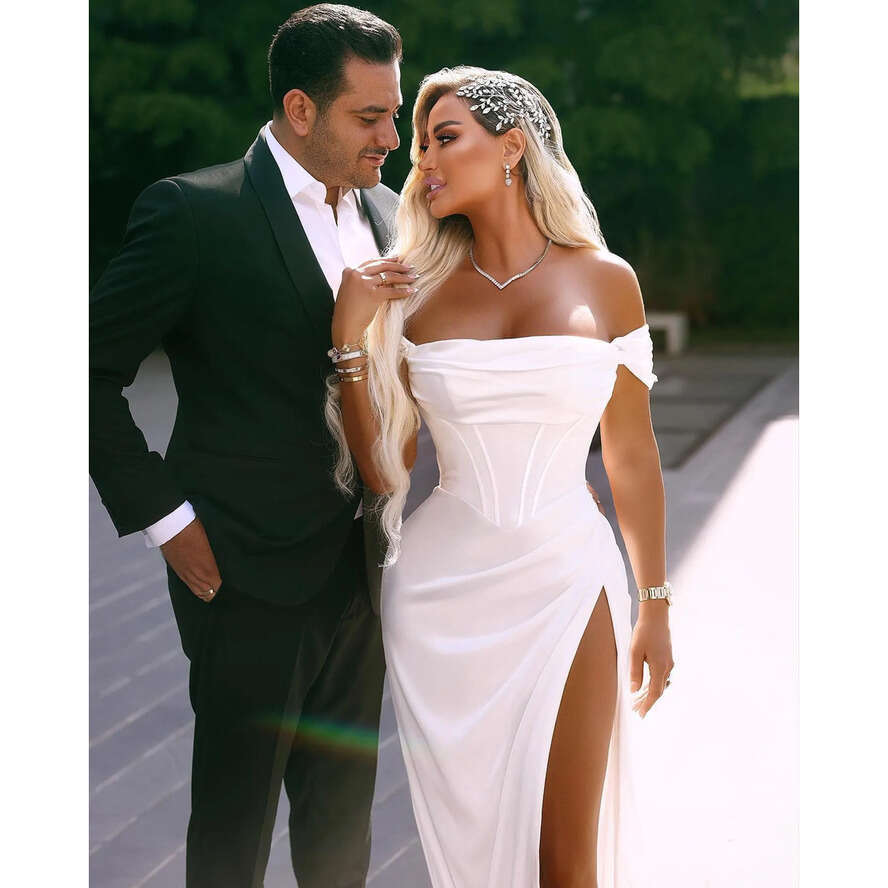 Dresses Evening Elegant Split Off Shoulder Mermaid Arabic White Satin Long Party Ocn Gowns Bridal Robes Bc18081