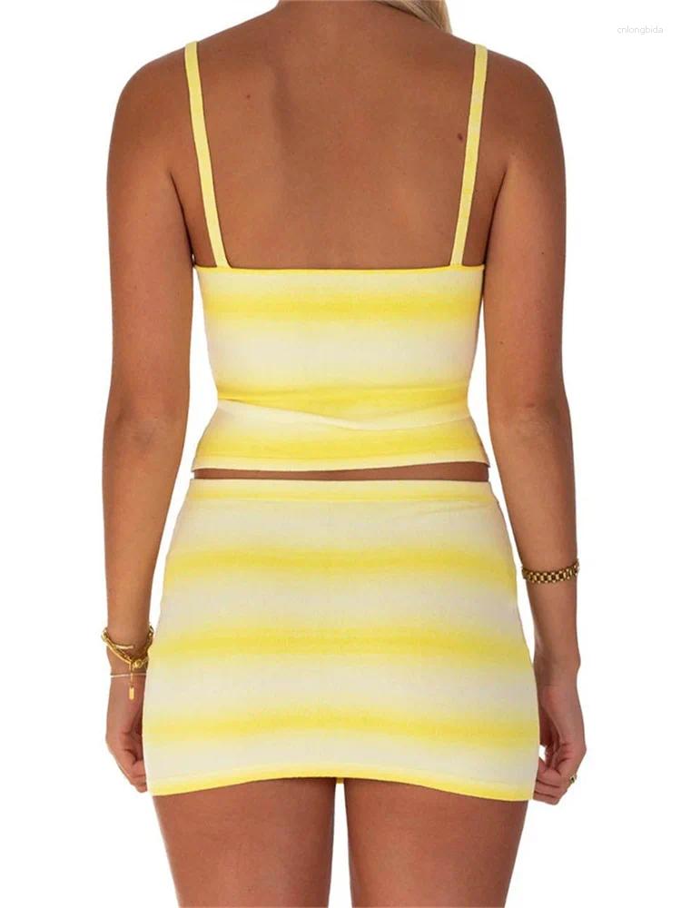 Womens Tracksuits CHRONSTYLE Women 2 Pieces Summer Set Gradient Striped Print Square Neck Crop Camis Top Low Waist Mini Skirts Party
