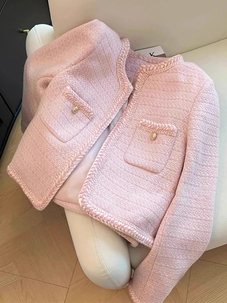 Pink sweet coarse tweed jacket womens Korean fashion O-neck short jacket autumn and winter single chest elegant cut jacket 241023
