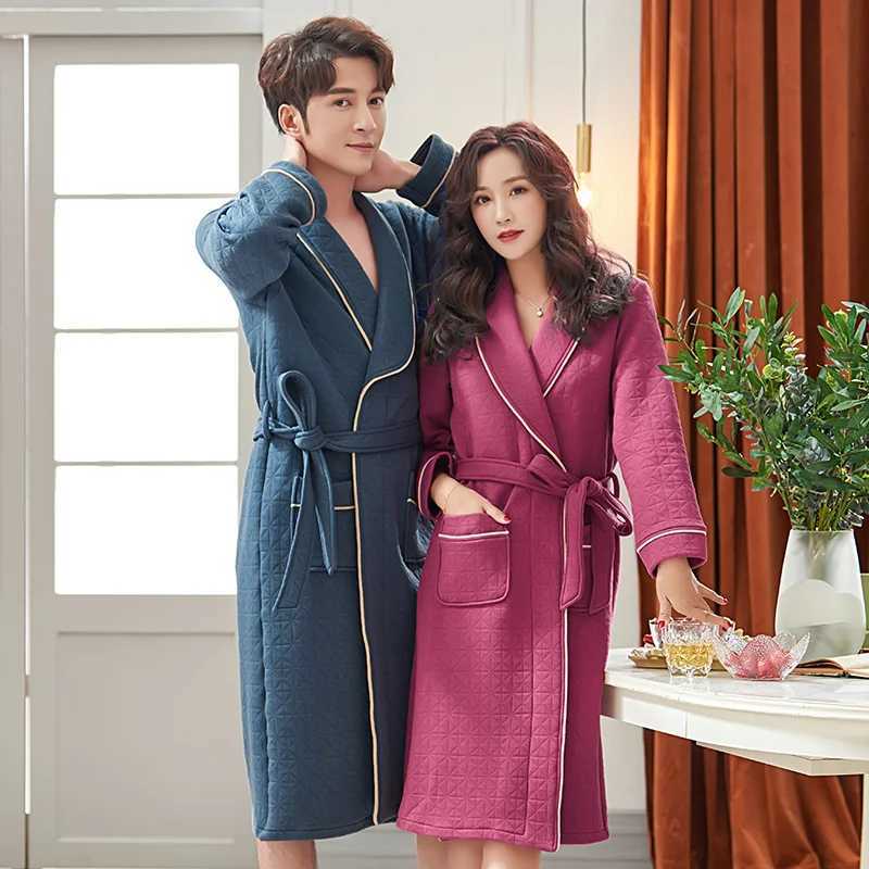 Thr Layers Cotton Couples Bathrobes thin duvet cover V-neck long Sve Lover mens kimono warm mens bathroom jacket W241023