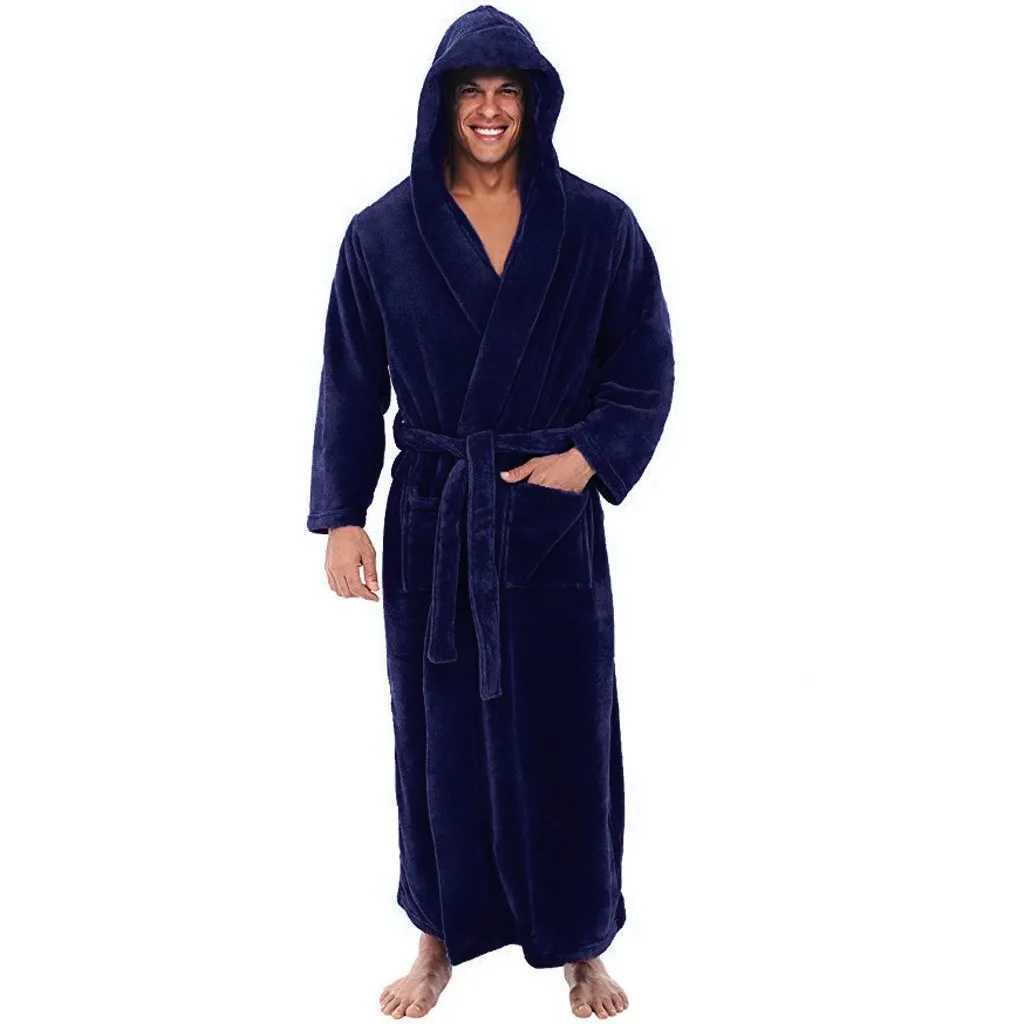 Mens winter velvet bathroom hooded long Sve loose night light solid color long thick warm Spwear W241023