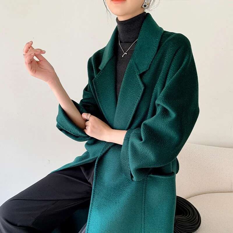 Rose Bathrobe Water Ripple Cashmere Wool Mid-Length Coat Women Elegant Fashion Loose Laepl Pocket Woolen Coats Autumn Winter
