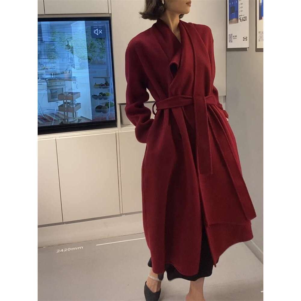Rose Long Double-Sided Alpaca Coat Fashion Large Cape Collar Design Loose Wool Tweed Jacket Women 2024 New Winter