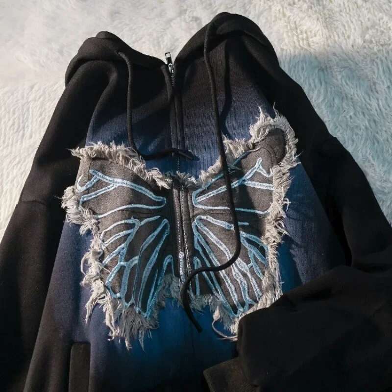 High end Street American Butterfly Patch Designs Hoodie Women Y k New Harajuku Plus Velvet Thickening Trend Sweatshirts Couple Loose Tops Harajuu Thic