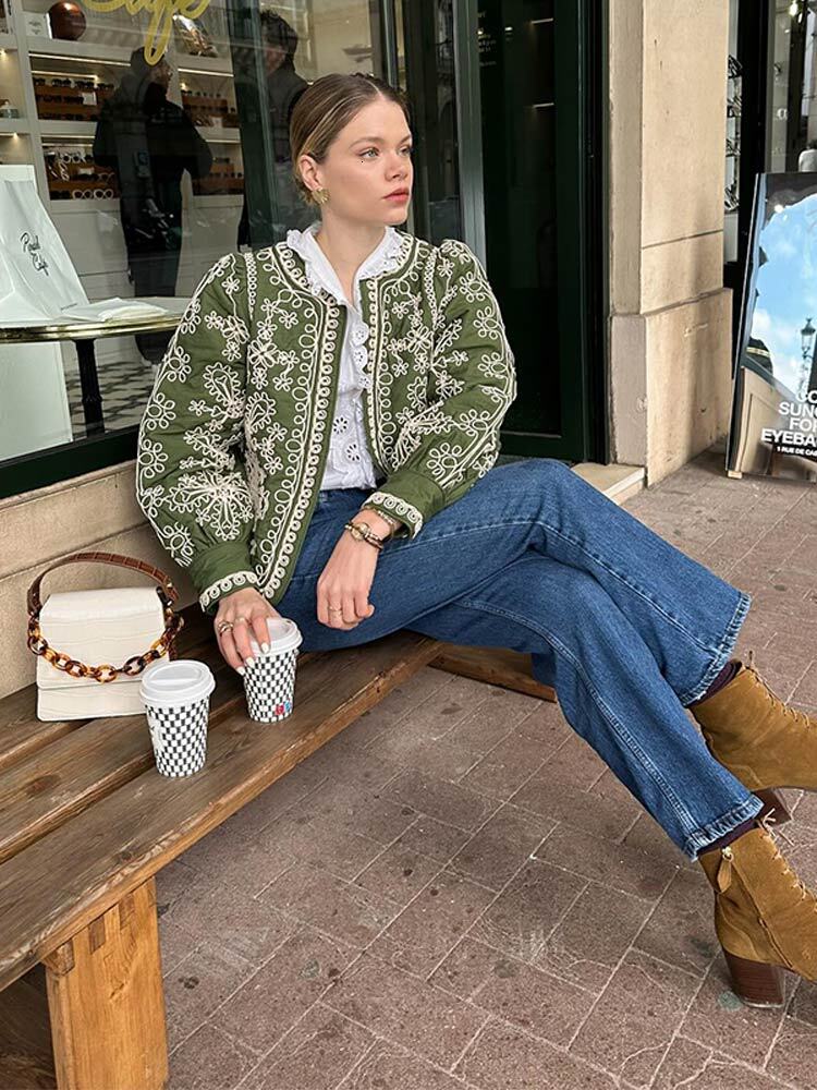 8Fashion Printed Women's O-Neck Long Lantern Sleeve Cotton Coats Chic Open Loose Crop Jackets Lady Retro Streetwear