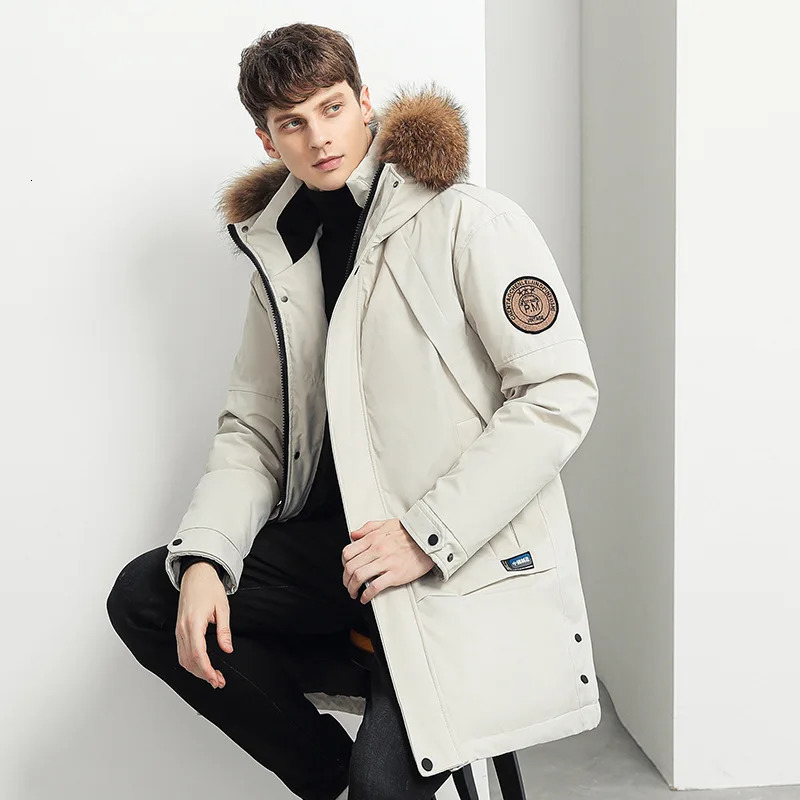 Big fur collar hooded white duck down jacket for couples loose windproof mens warm chiffon long inflatable jacket 241022