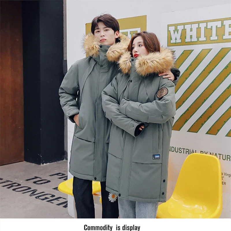 Big fur collar hooded white duck down jacket for couples loose windproof mens warm chiffon long inflatable jacket 241022