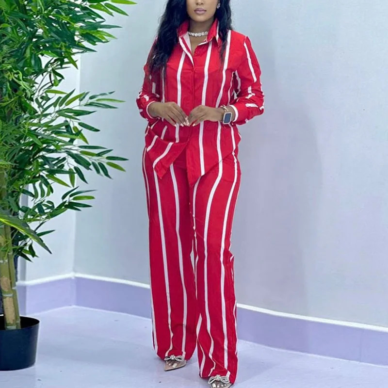 African fashion striped two-piece set for womens spring and autumn casual button up long sleeved shirt wide leg pants two-piece set for women 241023