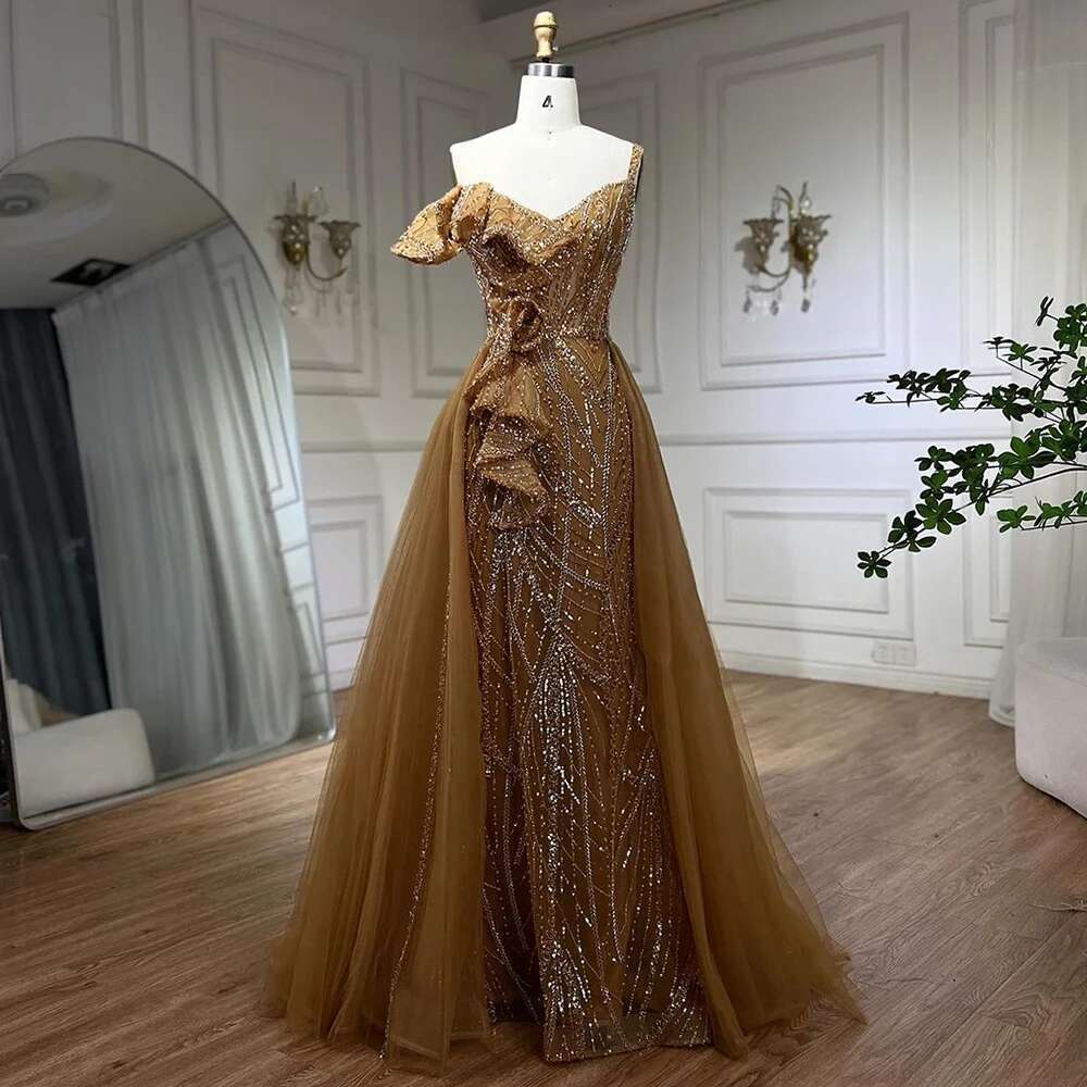 Serene Hill Golden Mermaid Evening Dress With Skirt - Women's Grey Beaded Spaghetti Strap Party 2024