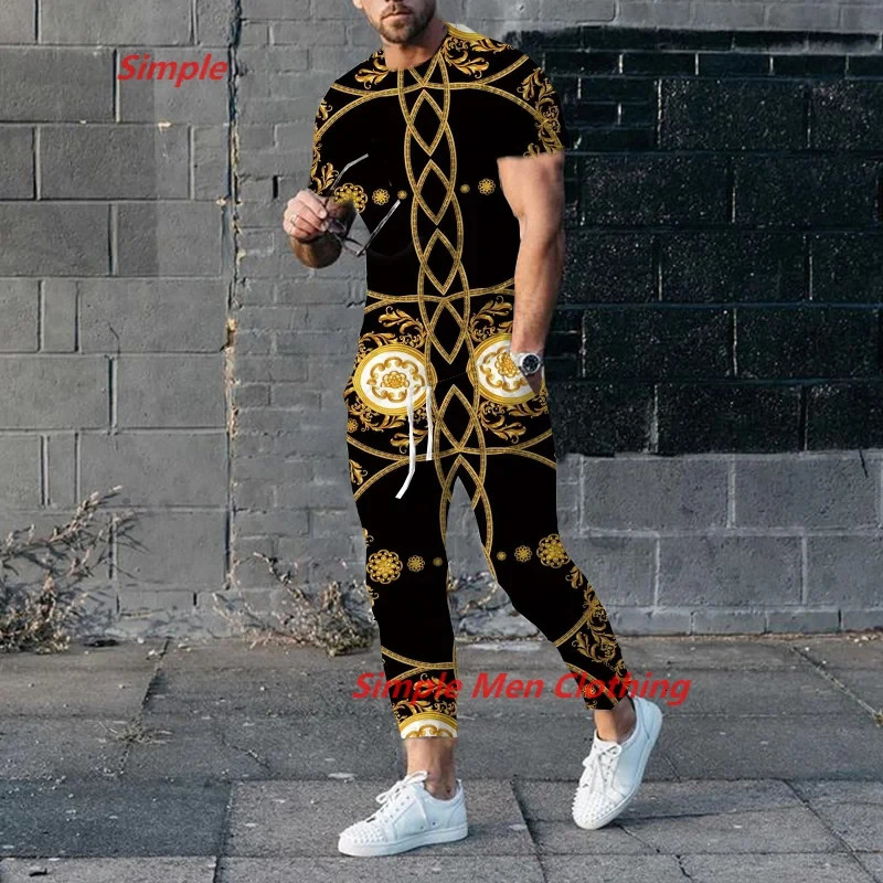 mens Trouser Tracksuit 2-piece set of mens summer jogging sportswear short sleeved T-shirtmens T-shirt long pants set 241023