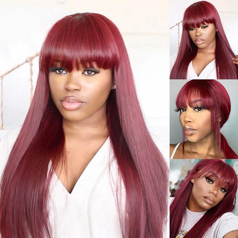 Hot selling wig for women purple long straight hair with bangs simulation scalp long hair full headpiece