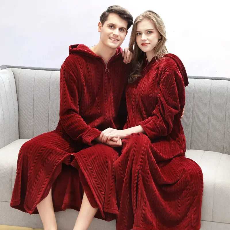 New couple shower clothes winter Spwear warm bath clothes mens flannel bathrobe hooded long skirt pajamas mens zipper dress W241023
